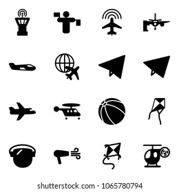 Solid vector icon set - airport tower vector, traffic controller, plane radar, boarding passengers, small, globe, paper fly, helicopter, ball, kite, protect glass, dryer, toy