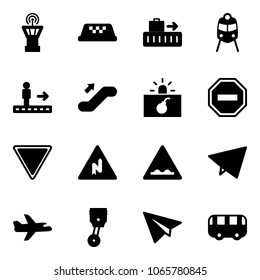 Solid vector icon set - airport tower vector, taxi, baggage, train, travolator, escalator up, terrorism, no way road sign, giving, abrupt turn right, rough, paper fly, plane, piston, toy bus