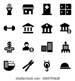 Solid vector icon set - airport tower vector, duty free, first aid room, baggage, barbell, bank, account, building, hotel, bolt cutter, winch, construction helmet