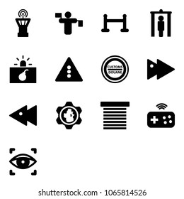 Solid vector icon set - airport tower vector, traffic controller, vip zone, metal detector gate, terrorism, light road sign, customs, fast forward, backward, gear globe, jalousie, joystick wireless