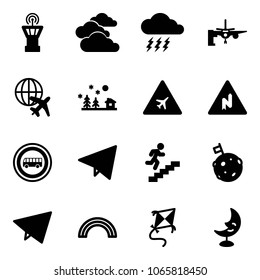 Solid vector icon set - airport tower vector, clouds, storm, boarding passengers, plane globe, christmas landscape, road sign, abrupt turn right, no bus, paper fly, career, moon flag, rainbow, kite