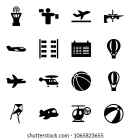 Solid vector icon set - airport tower vector, traffic controller, departure, boarding passengers, small plane, seats, schedule, air balloon, helicopter, ball, kite, toy, beach
