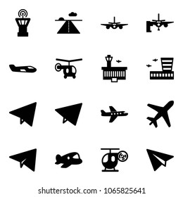 Solid vector icon set - airport tower vector, runway, plane, boarding passengers, small, helicopter, building, paper fly, toy