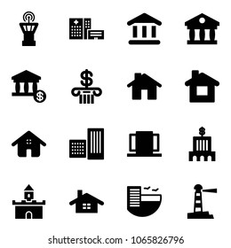 Solid vector icon set - airport tower vector, hospital building, bank, account, home, doors, sand fort, hotel, lighthouse