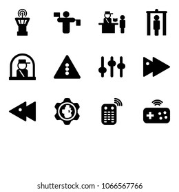 Solid vector icon set - airport tower vector, traffic controller, passport control, metal detector gate, officer window, light road sign, settings, fast forward, backward, gear globe, remote