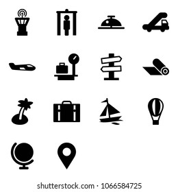 Solid vector icon set - airport tower vector, metal detector gate, client bell, trap truck, small plane, baggage scales, road signpost sign, mat, palm, suitcase, sail boat, air balloon, globe