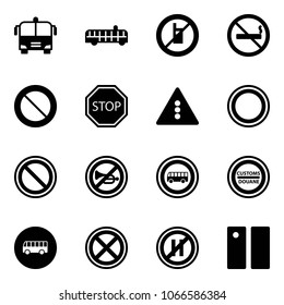 Solid vector icon set - airport bus vector, no mobile sign, smoking, prohibition road, stop, traffic light, horn, customs, parking even, pause