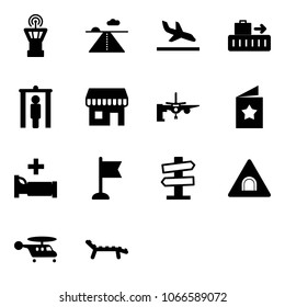 Solid Vector Icon Set - Airport Tower Vector, Runway, Arrival, Baggage, Metal Detector Gate, Duty Free, Boarding Passengers, Star Postcard, Hospital Bed, Flag, Road Signpost Sign, Tunnel, Helicopter