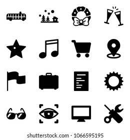 Solid vector icon set - airport bus vector, christmas landscape, wreath, wine glasses, star, music, cart, map pin, flag, case, document, sun, sunglasses, eye scanner, monitor, wrench screwdriver