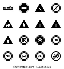 Solid vector icon set - airport bus vector, no way road sign, turn left, parkin odd, tractor, intersection, narrows, car, speed limit 30, 90, bike, end