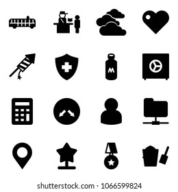 Solid vector icon set - airport bus vector, passport control, clouds, heart, firework rocket, milk, safe, calculator, detour road sign, user, network folder, map pin, star medal, bucket scoop