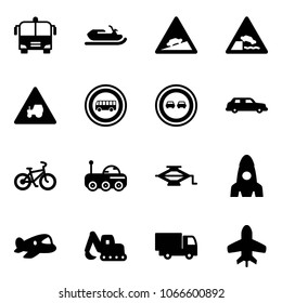 Solid vector icon set - airport bus vector, snowmobile, climb road sign, embankment, tractor way, no, overtake, limousine, bike, moon rover, jack, rocket, plane toy, excavator, truck