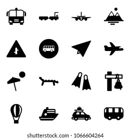 Solid vector icon set - airport bus vector, baggage truck, plane, mountains, intersection road sign, paper, beach, lounger, flippers, ship bell, air balloon, cruiser, car, toy