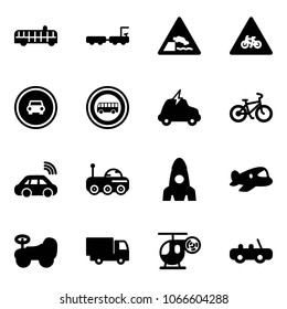 Solid vector icon set - airport bus vector, baggage truck, embankment road sign, for moto, no car, electric, bike, wireless, moon rover, rocket, plane toy, baby, helicopter