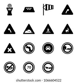 Solid vector icon set - airport tower vector, taxi, side wind, turn right road sign, left, steep descent, pedestrian, wild animals, railway intersection, no, car, trailer, horn, speed limit 70