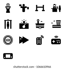 Solid vector icon set - airport tower vector, traffic controller, vip zone, passport control, metal detector gate, terrorism, building, customs road sign, fast forward, remote, joystick wireless
