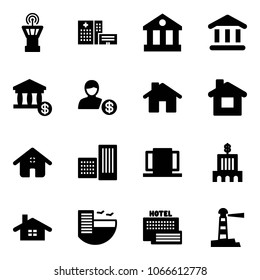 Solid vector icon set - airport tower vector, hospital building, bank, account, home, doors, hotel, sea, lighthouse