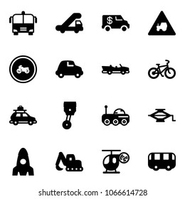 Solid vector icon set - airport bus vector, trap truck, encashment car, tractor way road sign, no moto, cabrio, bike, baggage, piston, moon rover, jack, rocket, excavator toy, helicopter