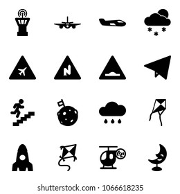 Solid vector icon set - airport tower vector, plane, small, snowfall, road sign, abrupt turn right, artificial unevenness, paper fly, career, moon flag, rain cloud, kite, rocket, helicopter toy