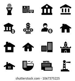 Solid vector icon set - airport tower vector, hospital building, bank, account, home, sand fort, hotel, sea, lighthouse