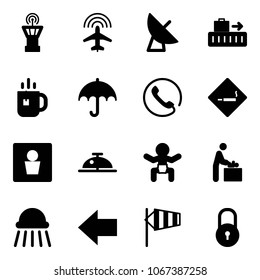 Solid vector icon set - airport tower vector, plane radar, satellite antenna, baggage, tea, insurance, phone, smoking area sign, male wc, client bell, baby, room, shower, left arrow, side wind, lock