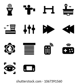 Solid vector icon set - airport tower vector, traffic controller, vip zone, building, settings, fast forward, backward, gear globe, jalousie, remote control, joystick wireless, eye scanner
