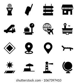Solid vector icon set - airport tower vector, suitcase, sign post, duty free, trap truck, baggage scales, plane globe, building, main road, map pin, lounger, mat, inflatable pool, lighthouse