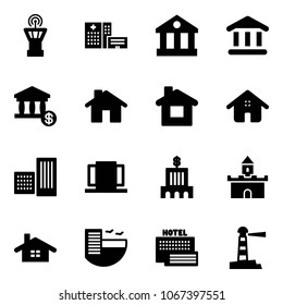 Solid vector icon set - airport tower vector, hospital building, bank, account, home, doors, sand fort, hotel, sea, lighthouse