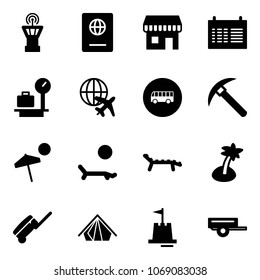 Solid vector icon set - airport tower vector, passport, duty free, schedule, baggage scales, plane globe, bus road sign, rock axe, beach, lounger, palm, suitcase, tent, sand castle, trailer