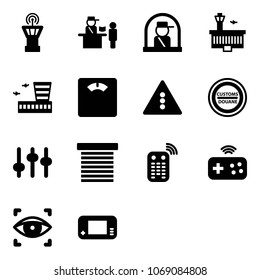 Solid vector icon set - airport tower vector, passport control, officer window, building, floor scales, traffic light road sign, customs, settings, jalousie, remote, joystick wireless, eye scanner