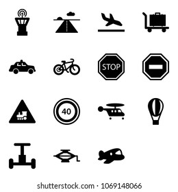 Solid vector icon set - airport tower vector, runway, arrival, baggage, safety car, bike, stop road sign, no way, railway intersection, speed limit 40, helicopter, air balloon, gyroscope, jack