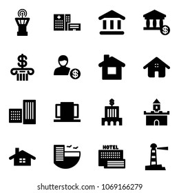 Solid vector icon set - airport tower vector, hospital building, bank, account, home, doors, sand fort, hotel, sea, lighthouse