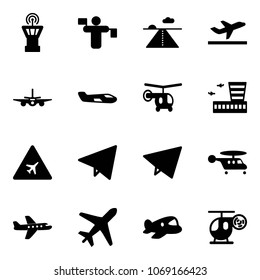 Solid vector icon set - airport tower vector, traffic controller, runway, departure, plane, small, helicopter, building, road sign, paper fly, toy