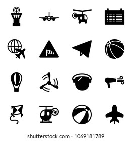 Solid vector icon set - airport tower vector, plane, helicopter, schedule, globe, side wind road sign, paper fly, ball, air balloon, mill, protect glass, dryer, kite, toy, beach
