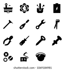 Solid vector icon set - airport building vector, gear globe, casting of steel, battery, mason hammer, chisel, wrench, plumber, side cutters, screwdriver, screw, nail dowel, rivet, welding