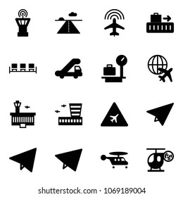Solid vector icon set - airport tower vector, runway, plane radar, baggage, waiting area, trap truck, scales, globe, building, road sign, paper, fly, helicopter, toy