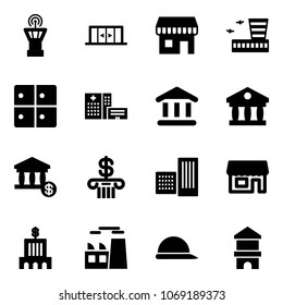 Solid vector icon set - airport tower vector, automatic doors, duty free, building, baggage room, hospital, bank, account, store, plant, construction helmet, toy block house