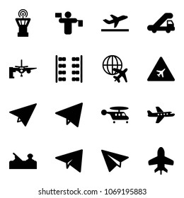 Solid vector icon set - airport tower vector, traffic controller, departure, trap truck, boarding passengers, plane seats, globe, road sign, paper, fly, helicopter, jointer, toy