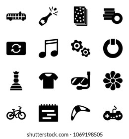 Solid vector icon set - airport bus vector, champagne, breads, coin, card exchange, music, gears, standby, chess queen, t shirt, diving, flower, bike, terms plan, boomerang, gamepad