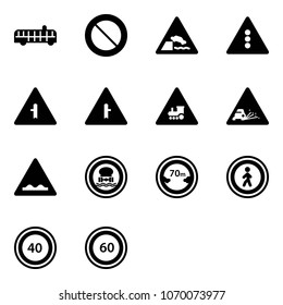 Solid vector icon set - airport bus vector, prohibition road sign, embankment, traffic light, intersection, railway, gravel, rough, no dangerous cargo, limited distance, pedestrian, speed limit 40