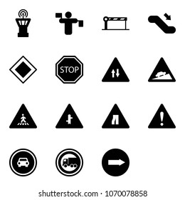 Solid vector icon set - airport tower vector, traffic controller, barrier, escalator down, main road sign, stop, oncoming, climb, pedestrian, intersection, narrows, attention, no car, truck