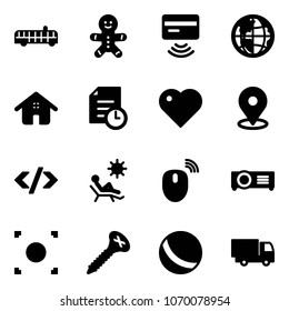 Solid vector icon set - airport bus vector, cake man, tap pay, globe, home, history, heart, map pin, tag code, beach, mouse wireless, projector, record button, screw, ball, truck toy