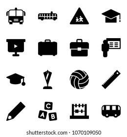 Solid vector icon set - airport bus vector, children road sign, graduate hat, presentation board, case, portfolio, pennant, volleyball, ruler, pencil, abc cube, abacus, toy