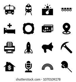 Solid vector icon set - airport bus vector, train, terrorism, garland, hospital bed, currency, credit card, map pin, printer, rocket, megaphone, rock axe, home dollar, microphone, rainbow