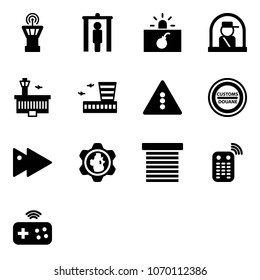 Solid vector icon set - airport tower vector, metal detector gate, terrorism, officer window, building, traffic light road sign, customs, fast forward, gear globe, jalousie, remote control
