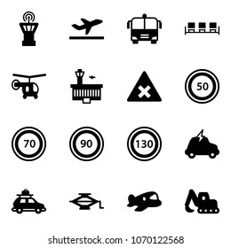 Solid vector icon set - airport tower vector, departure, bus, waiting area, helicopter, building, railway intersection road sign, speed limit 50, 70, 90, 130, electric car, baggage, jack, plane toy