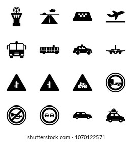 Solid vector icon set - airport tower vector, runway, taxi, departure, bus, safety car, plane, intersection road sign, for moto, no trailer, horn, overtake, limousine, baggage