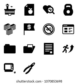 Solid vector icon set - airport building vector, diet list, heart diagnosis, weight, big cash, dollar flag, end minimal speed limit road sign, website, folder, agreement, career, monoblock pc