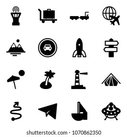 Solid vector icon set - airport tower vector, baggage, truck, plane globe, mountains, no car road sign, rocket, signpost, beach, palm, lighthouse, tent, trip, paper, sailboat toy, ufo