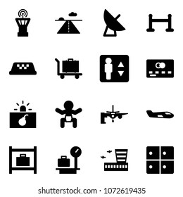 Solid vector icon set - airport tower vector, runway, satellite antenna, vip zone, taxi, baggage, elevator, credit card, terrorism, baby, boarding passengers, small plane, room, scales, building
